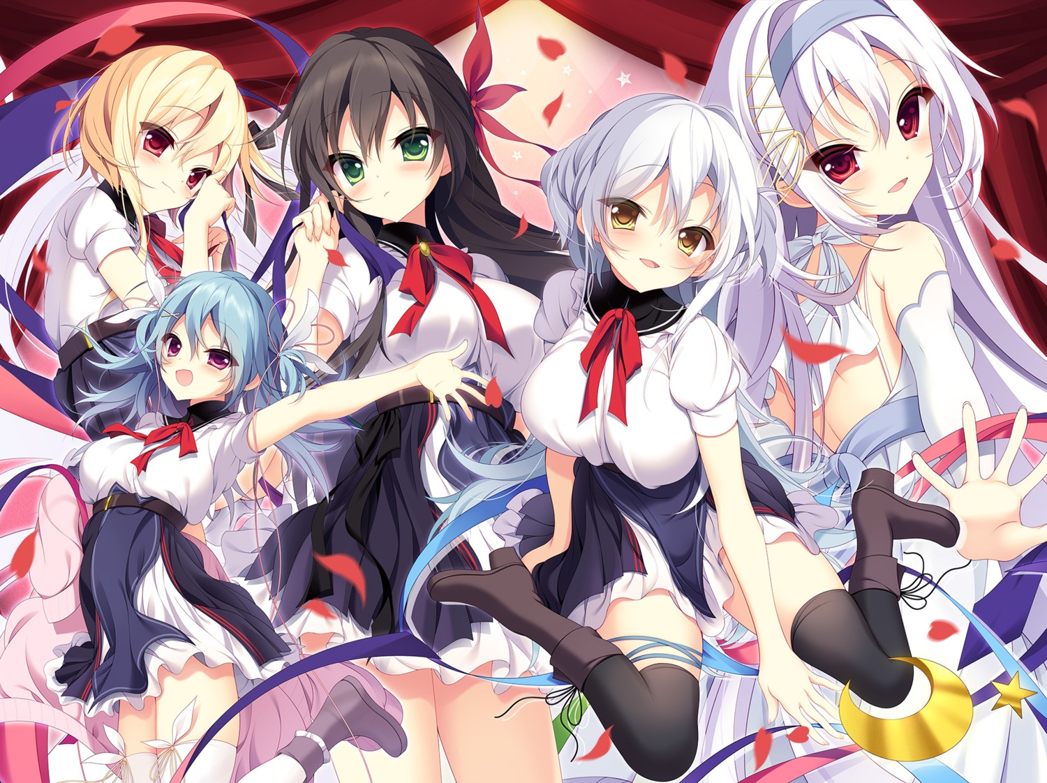amatsuka_nanana, dress, garter, hakodori_rize, heels, kakehashi_kohaku, meikei_no_lupercalia, niounomiya_meguri