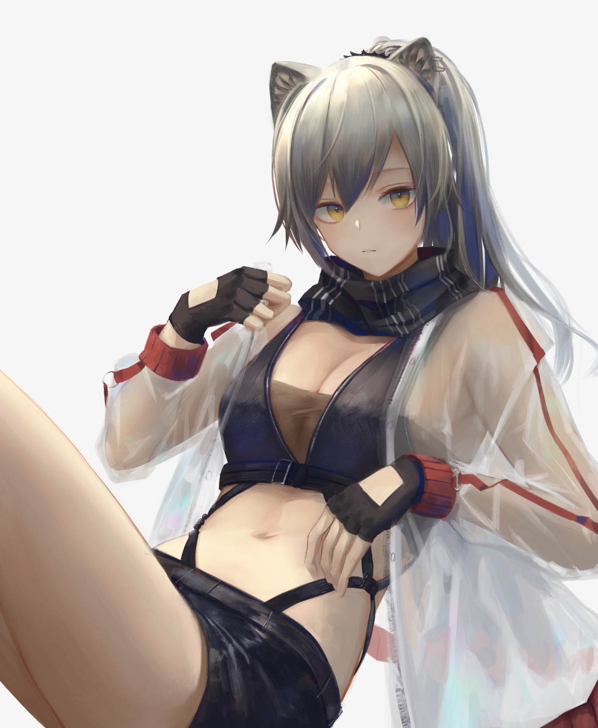 7ife, animal_ears, arknights, open_shirt, schwarz_(arknights), see_through