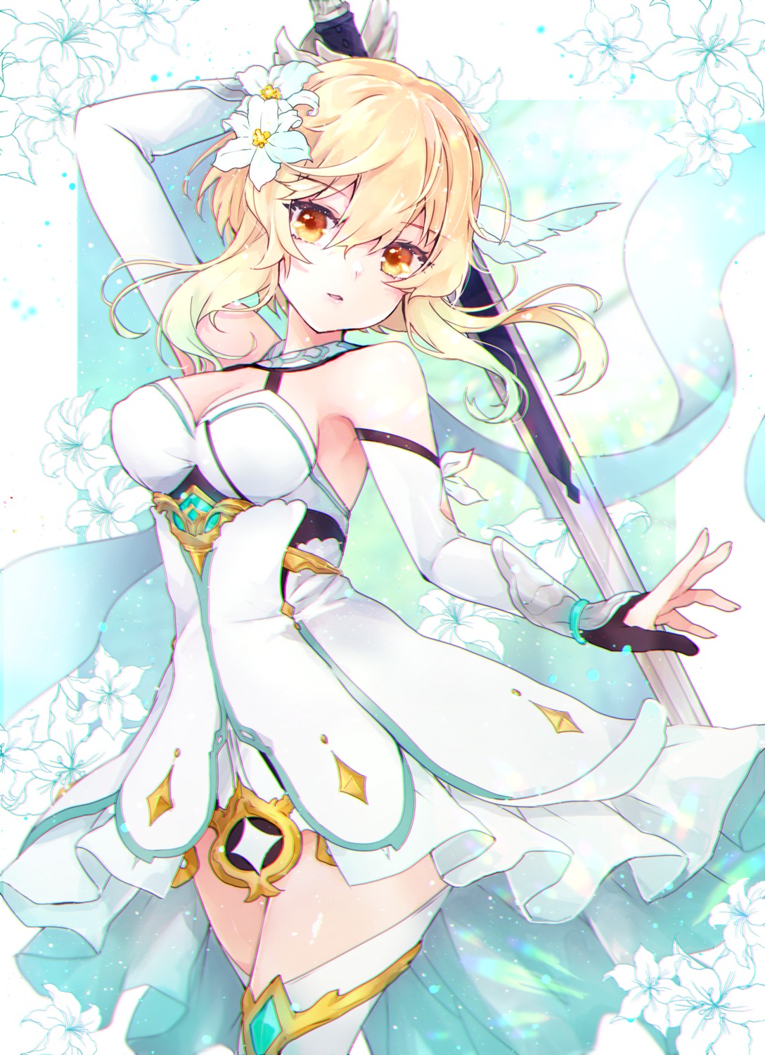 cleavage, dress, genshin_impact, lumine, no_bra, shichijou_natori, sword, thighhighs