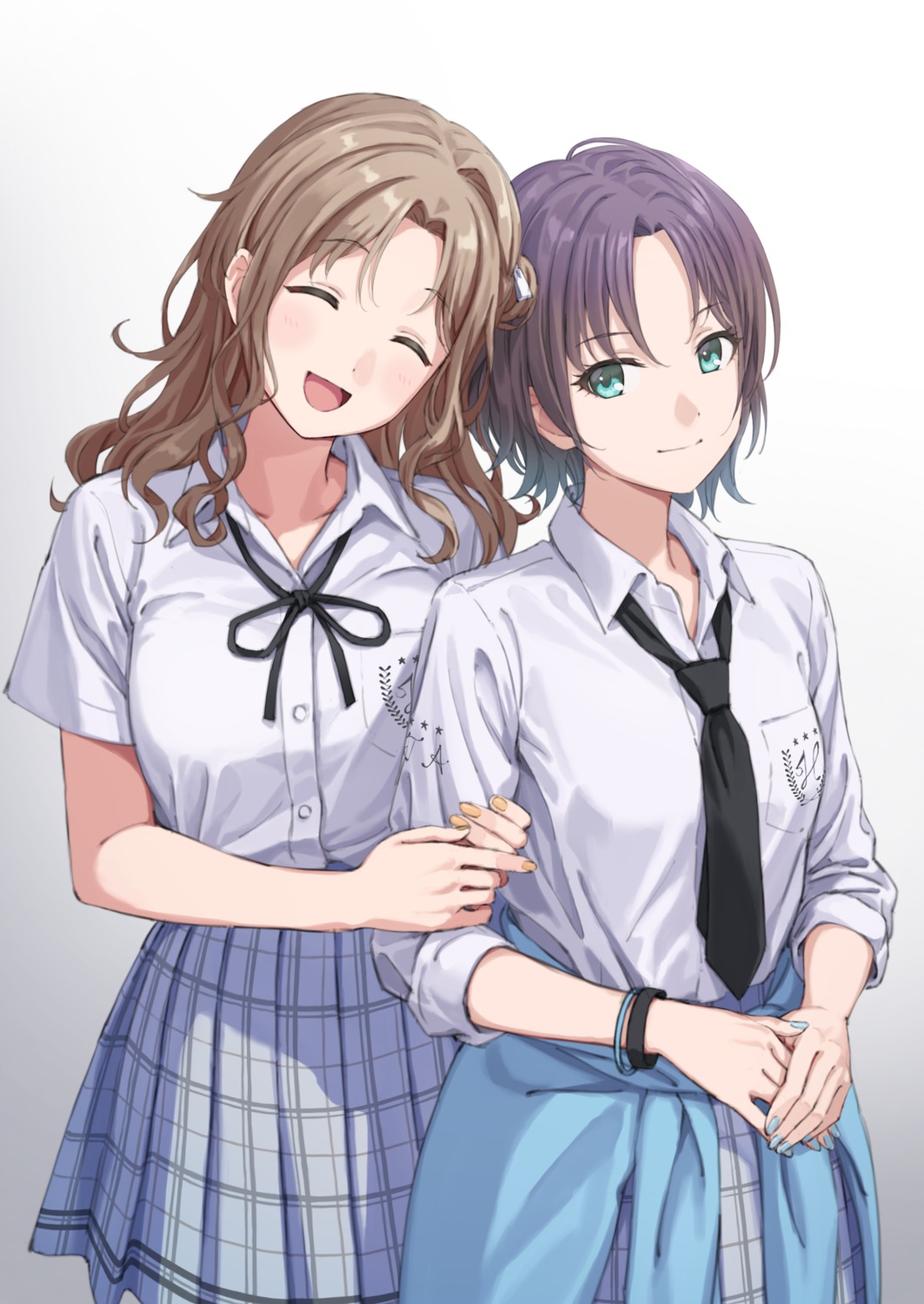 asakura_tooru, ichikawa_hinana, seifuku, sweater, the_idolm@ster, the_idolm@ster_shiny_colors, tuchinokoeffect, yuri