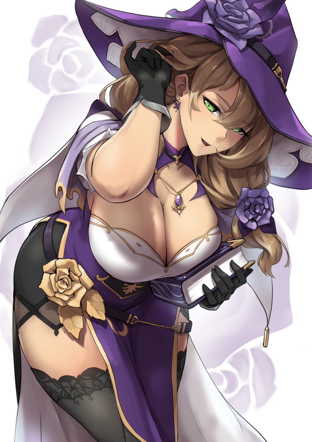 cleavage, genshin_impact, lisa_(genshin_impact), packge, thighhighs, witch
