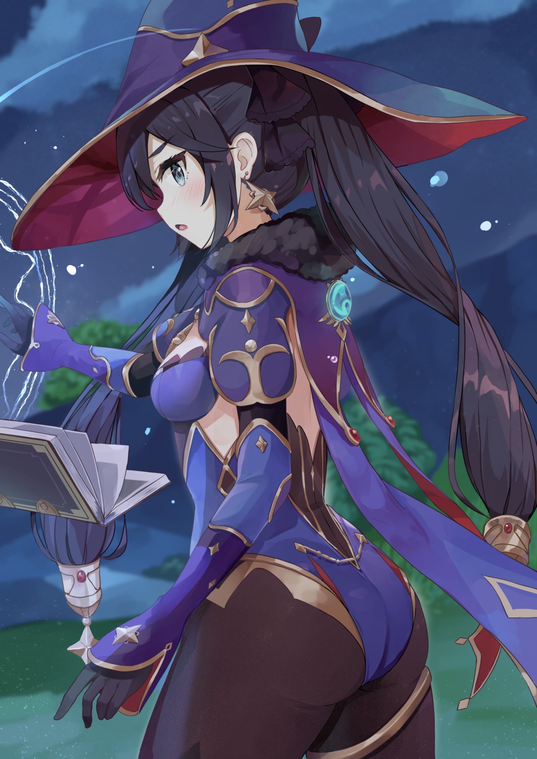 ass, garter, genshin_impact, leotard, mona_megistus, pantyhose, racchi., witch