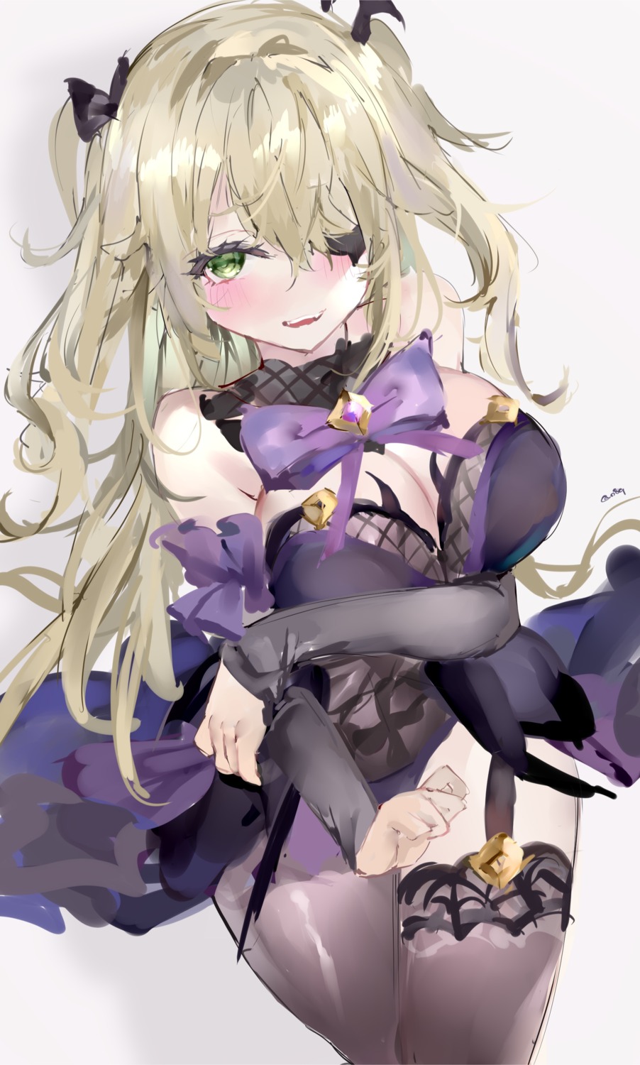breast_hold, cleavage, eyepatch, fischl, genshin_impact, leotard, mile_(off8mile), sketch, stockings, thighhighs