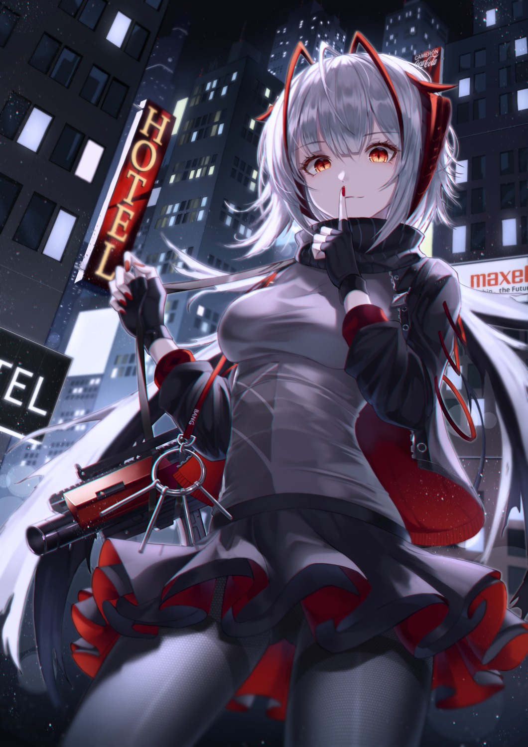 arknights, fall_(aki), fishnets, gun, horns, pantyhose, w_(arknights)
