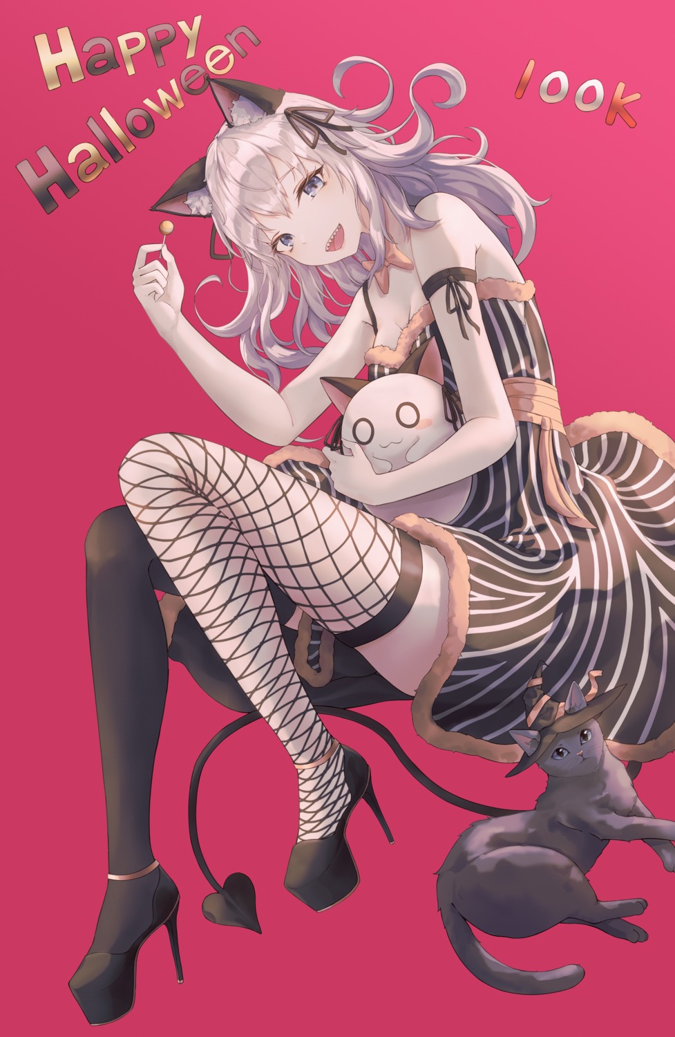 animal_ears, dress, fishnets, halloween, heels, ita_(itta), neko, nekomimi