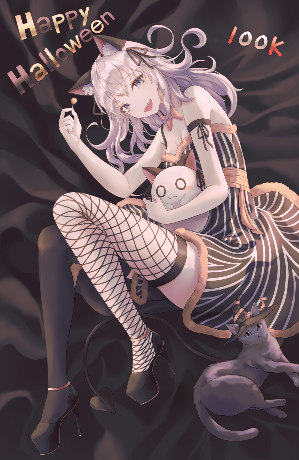 animal_ears, dress, fishnets, halloween, heels, ita_(itta), neko, nekomimi