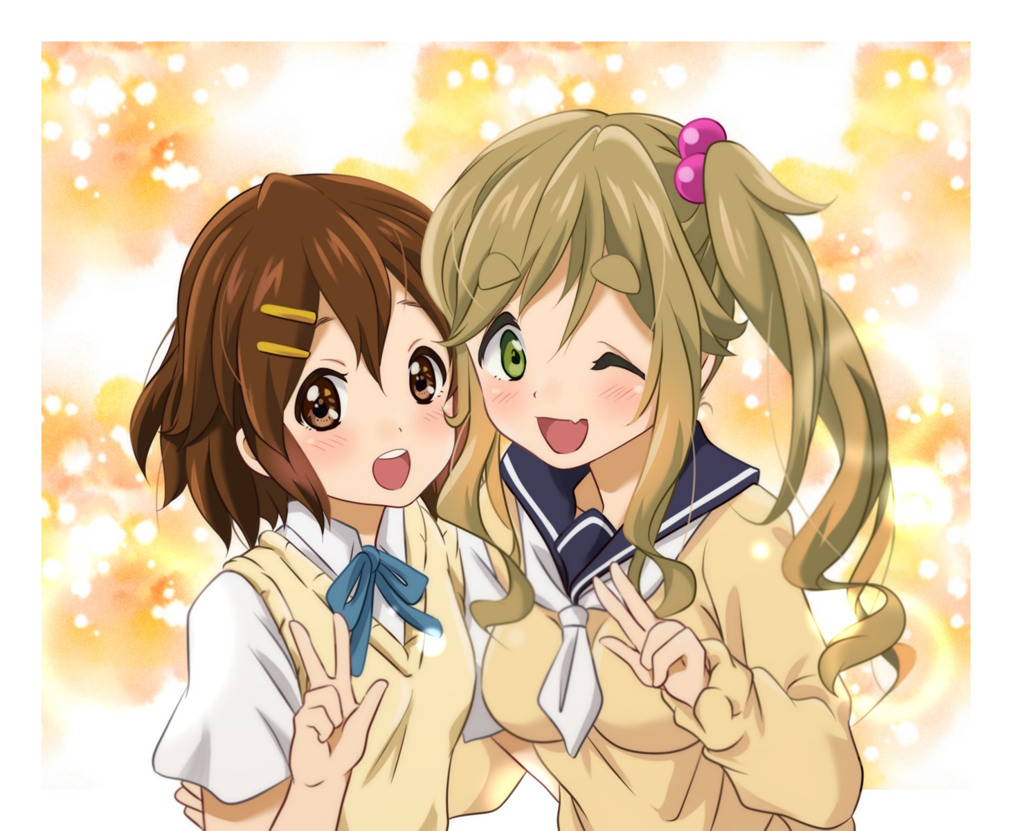 crossover, hirasawa_yui, inuyama_aoi, k-on!, kurumiyasan_ns, seifuku, sweater, yurucamp