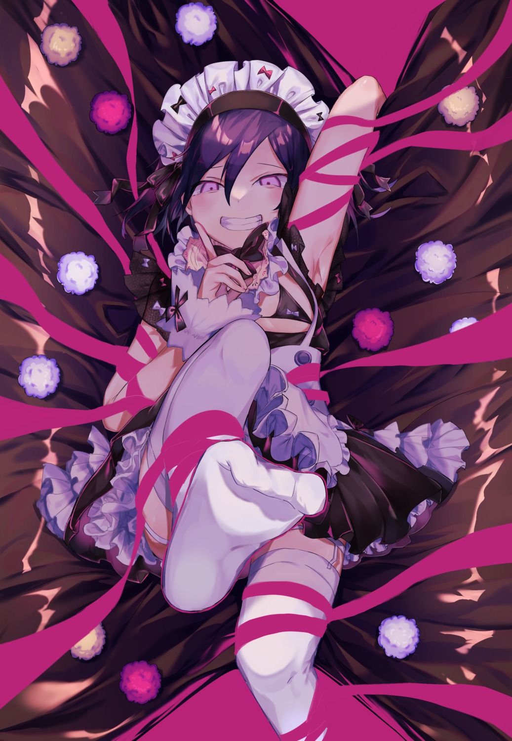 apaariisyan, bra, dangan-ronpa_v3, feet, garter, maid, ouma_kokichi, skirt_lift, stockings, thighhighs, trap