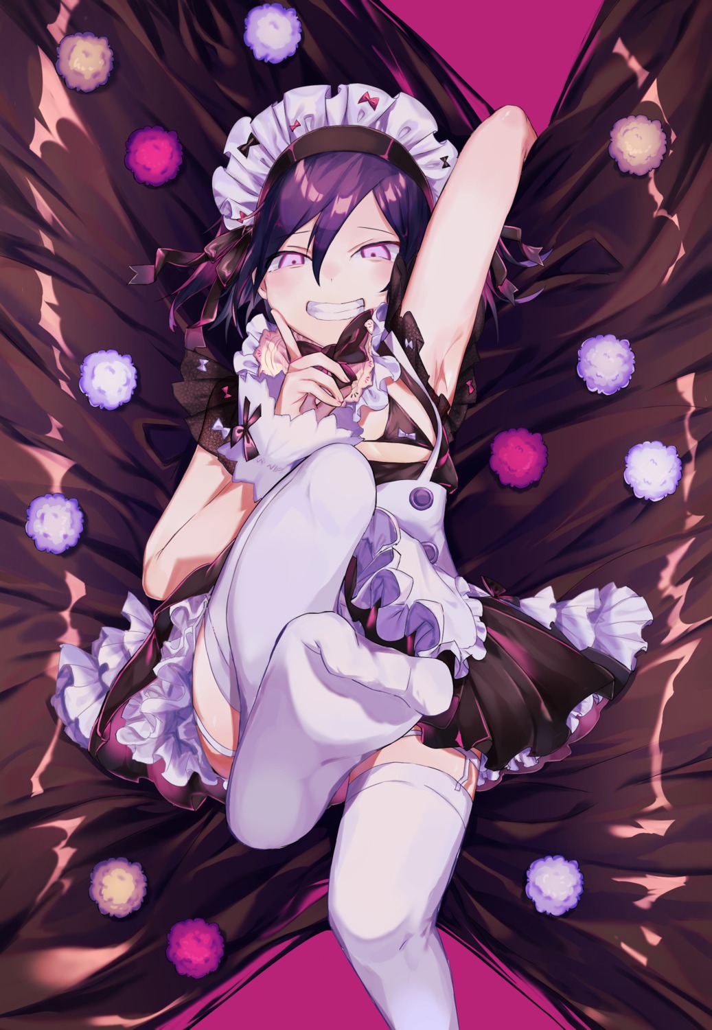 apaariisyan, bra, dangan-ronpa_v3, feet, garter, maid, ouma_kokichi, skirt_lift, stockings, thighhighs, trap