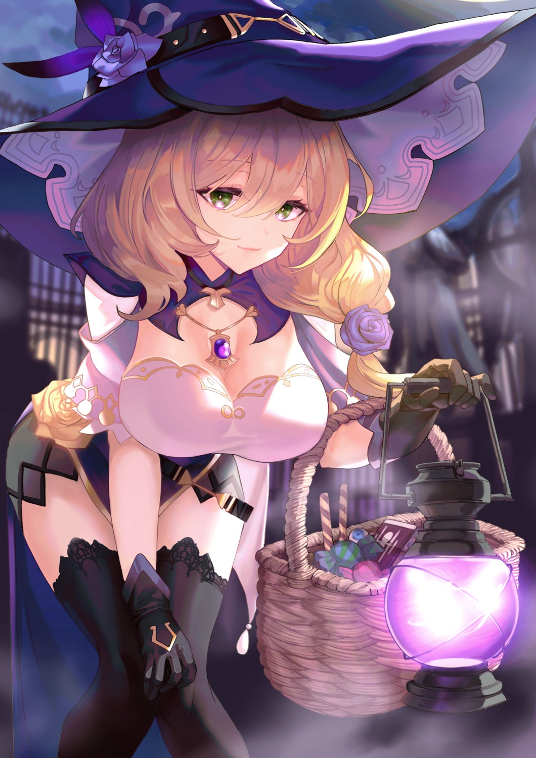 cleavage, genshin_impact, halloween, kanashi_kumo, lisa_(genshin_impact), thighhighs, witch