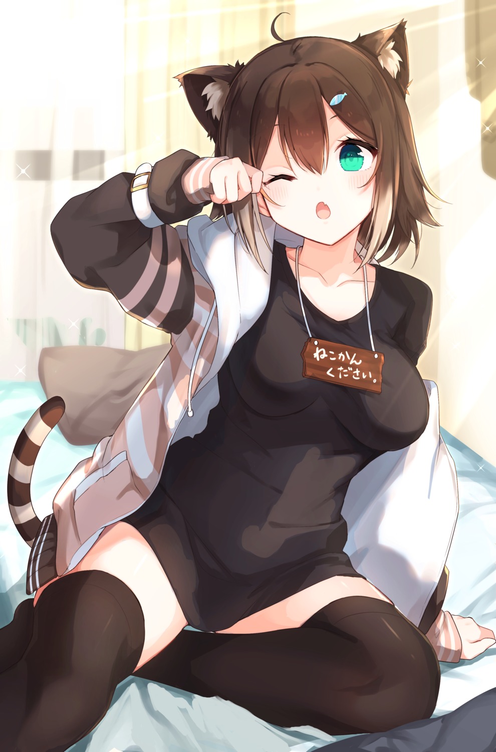 animal_ears, fumino_tamaki, goroo_(eneosu), nekomimi, nijisanji, tail, thighhighs