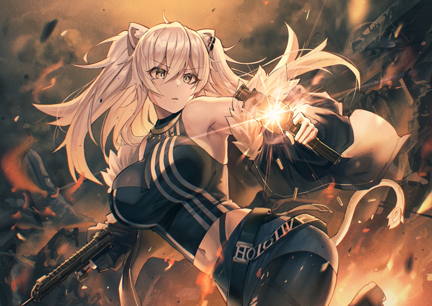 animal_ears, gun, hololive, mazel, shishiro_botan, tail