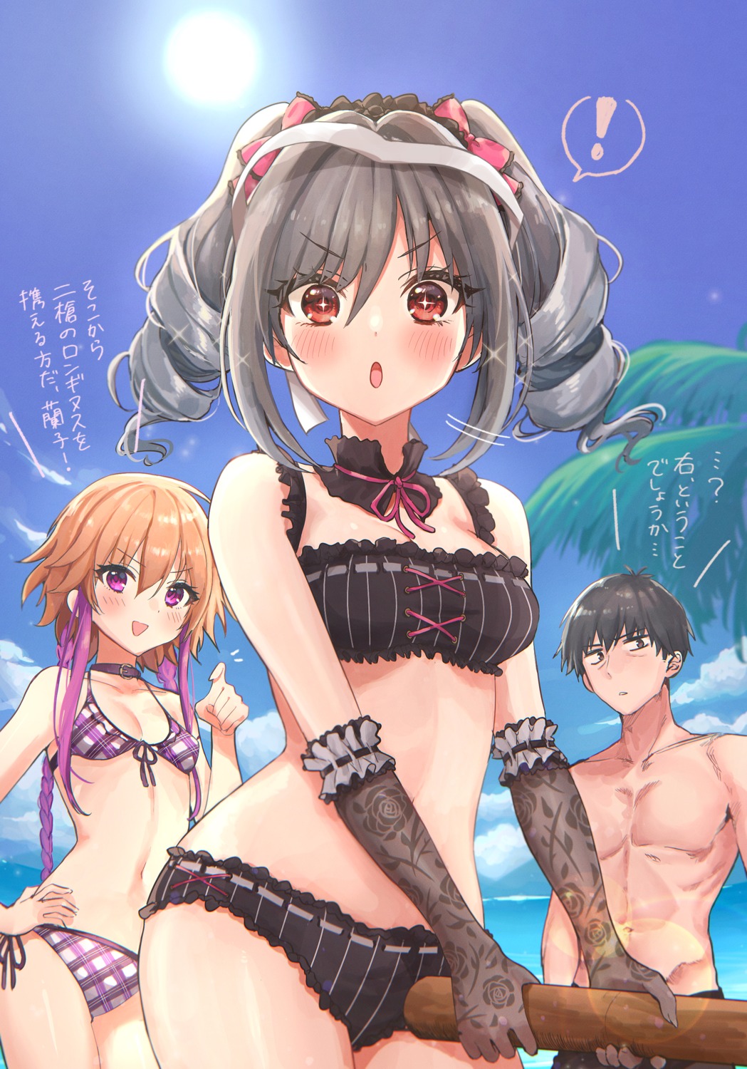 bikini, cleavage, kanzaki_ranko, kudou_eru, ninomiya_asuka, swimsuits, the_idolm@ster, the_idolm@ster_cinderella_girls, weapon