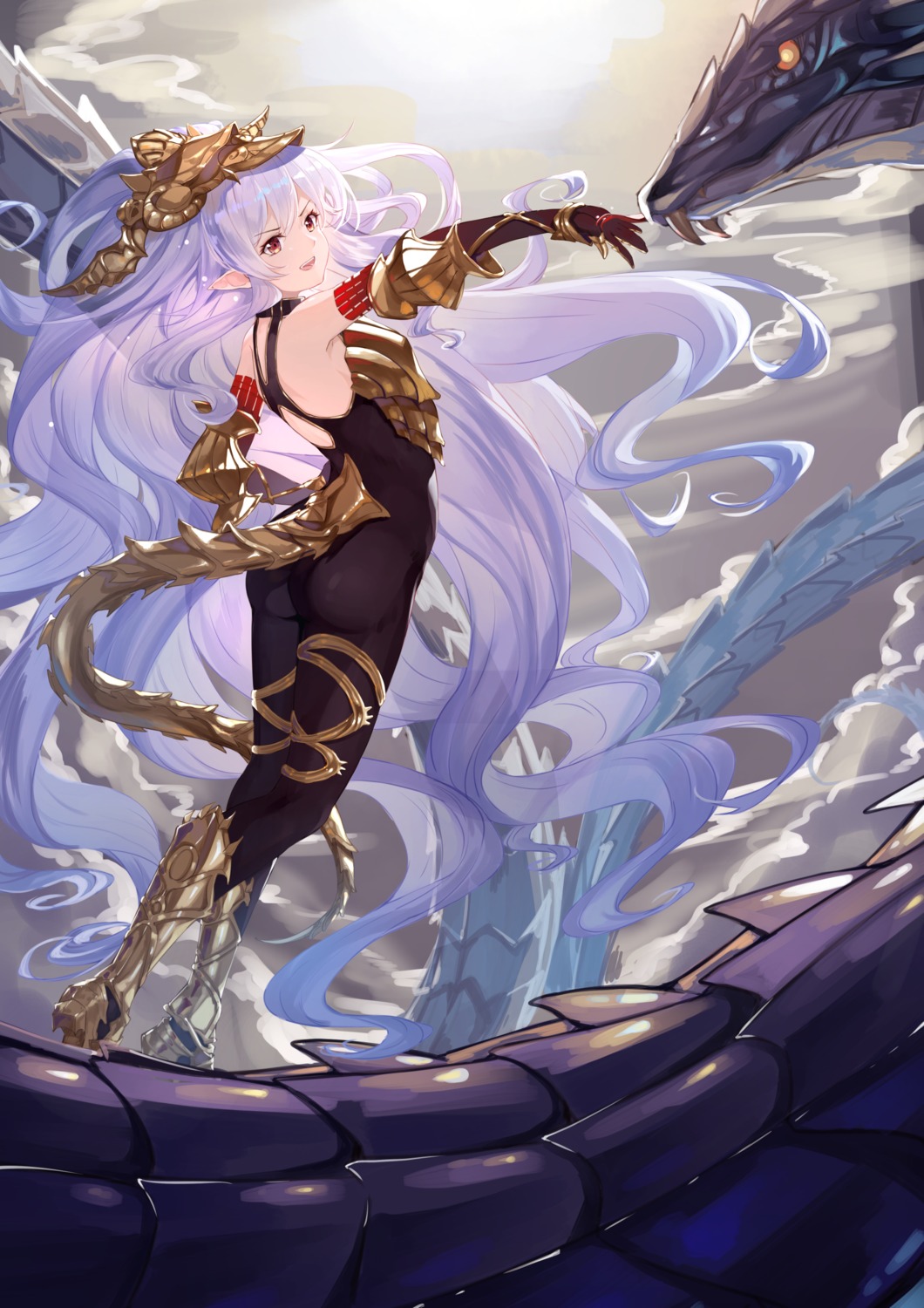 armor, ass, bodysuit, granblue_fantasy, medusa_(shingeki_no_bahamut), monster, pointy_ears, shijiuqaq