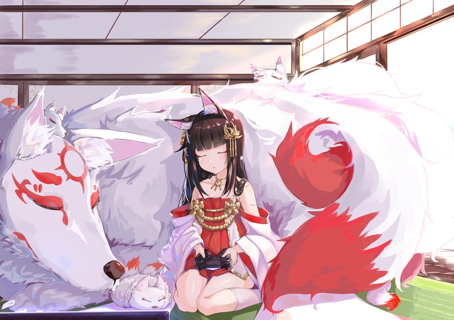animal_ears, azur_lane, japanese_clothes, nagato_(azur_lane), shijiuqaq