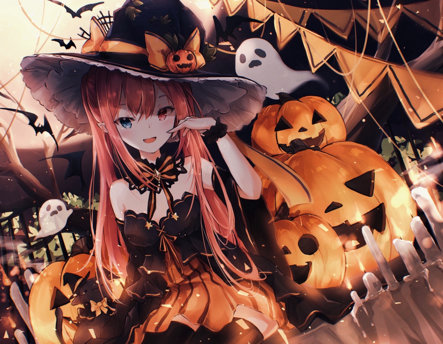 halloween, heterochromia, miyu_(miy_u1308), pointy_ears, thighhighs, witch