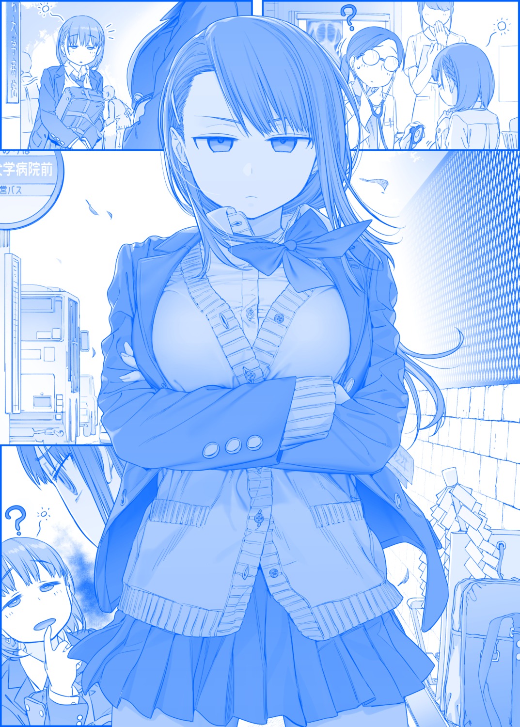 ai-chan_(getsuyoubi_no_tawawa), breast_hold, getsuyoubi_no_tawawa, himura_kiseki, jitome-chan, megane, monochrome, nurse, seifuku, sweater