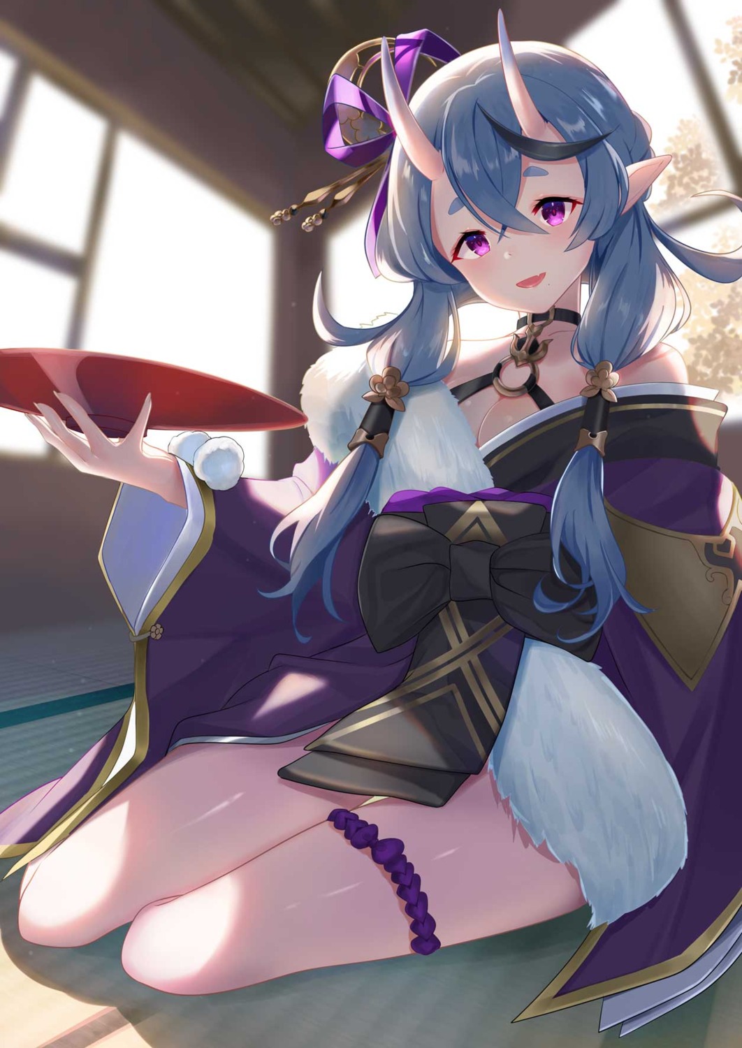 amaimomo, garter, horns, japanese_clothes, nijisanji, nijisanji_seeds, no_bra, pointy_ears