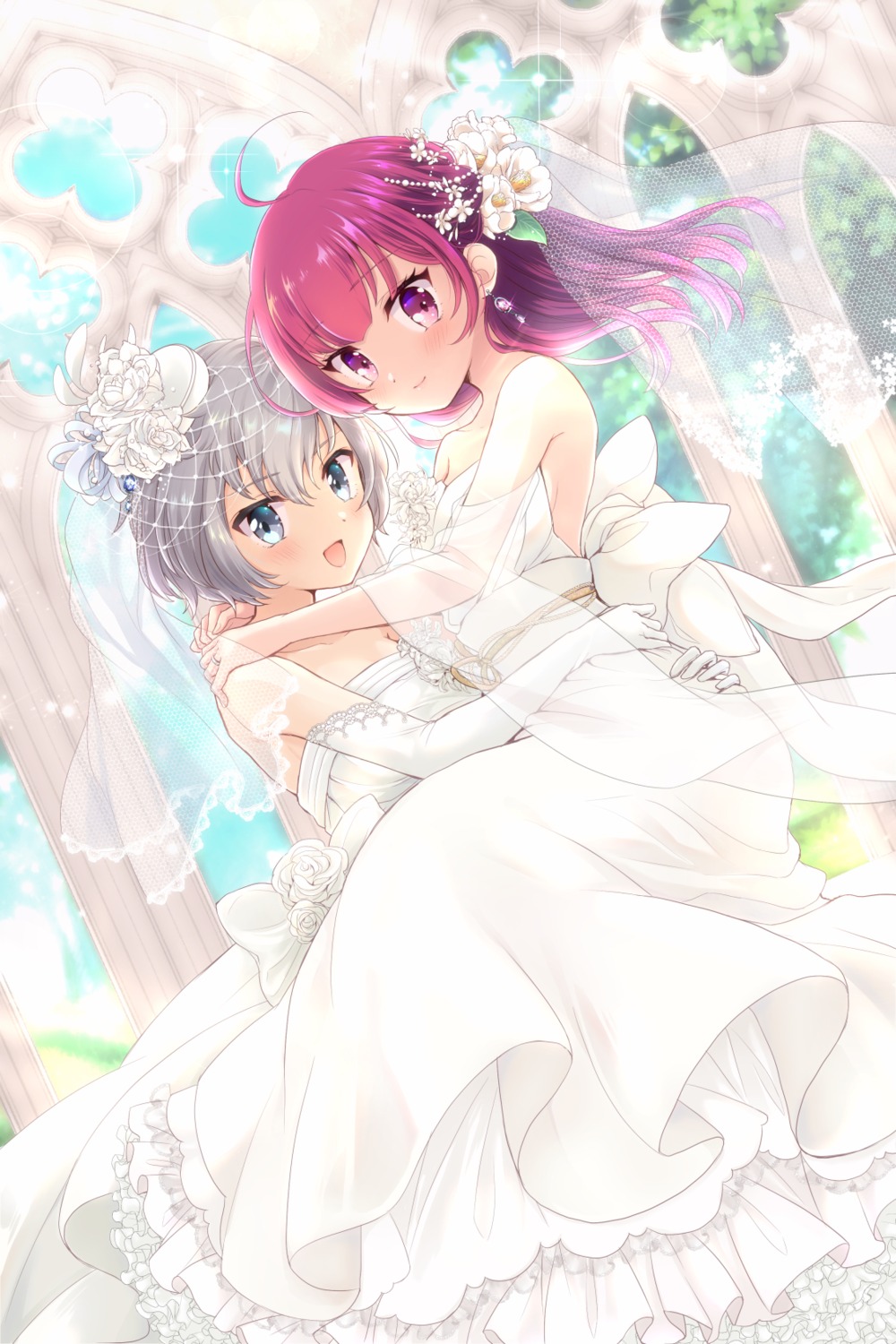 dress, magia_record:_mahou_shoujo_madoka_magica_gaiden, mahou_shoujo_madoka_magica, naga_(pixiv), no_bra, shinobu_akira_(madomagi), tokiwa_nanaka, wedding_dress