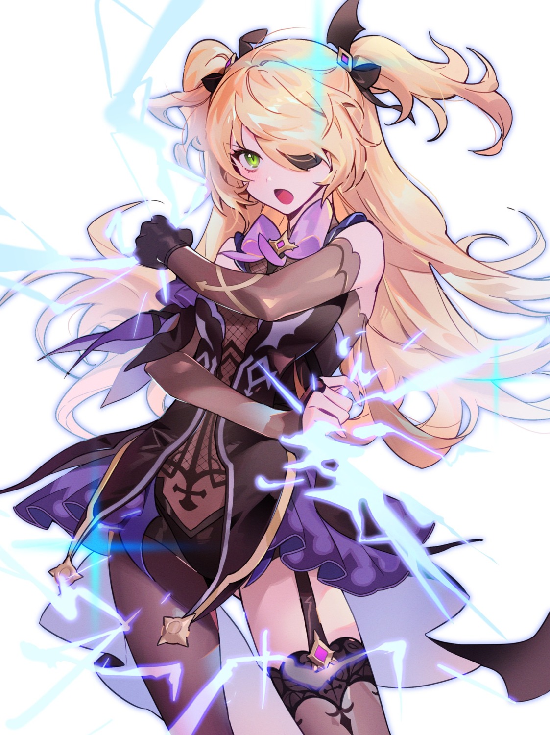 eyepatch, fischl, fishnets, genshin_impact, leotard, seoji, stockings, thighhighs
