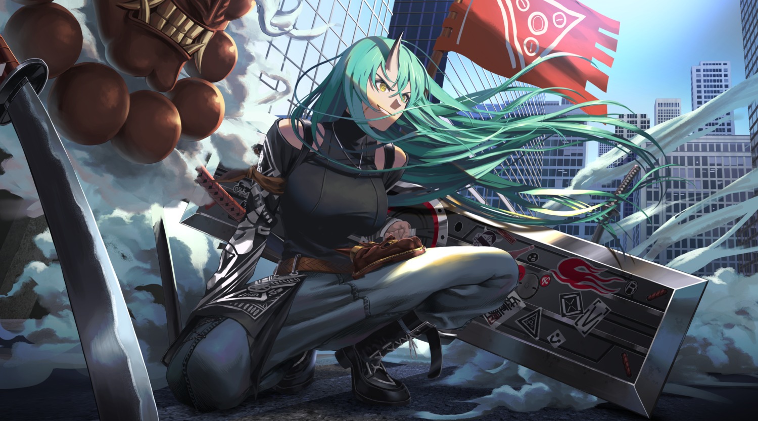 arknights, horns, hoshiguma_(arknights), makkuro, sword