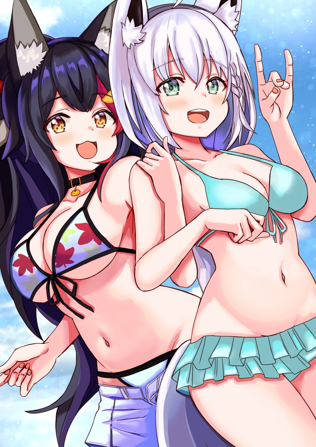 animal_ears, bikini, cleavage, hololive, hololive_gamers, kitsune, nootomo, ookami_mio, shirakami_fubuki, swimsuits, tail, underboob
