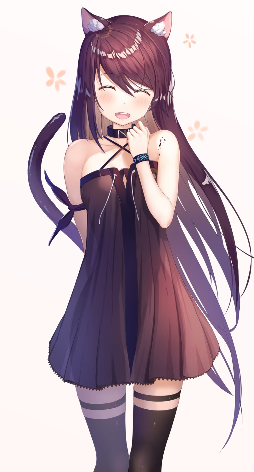 animal_ears, arknights, dress, garter, melantha_(arknights), nekomimi, no_bra, tail