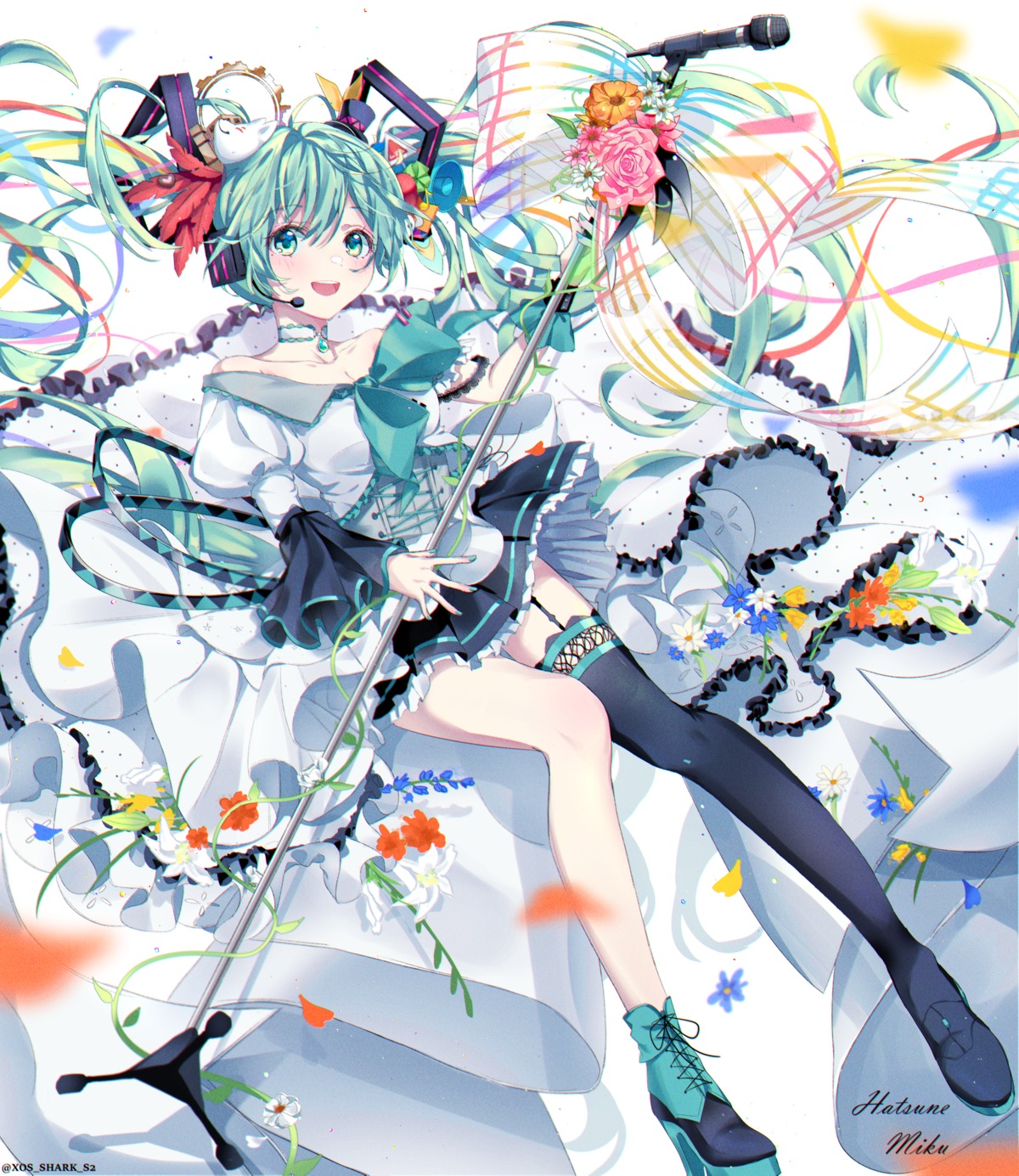 cleavage, hatsune_miku, headphones, heels, skirt_lift, stockings, thighhighs, vocaloid, xos_shark_s2