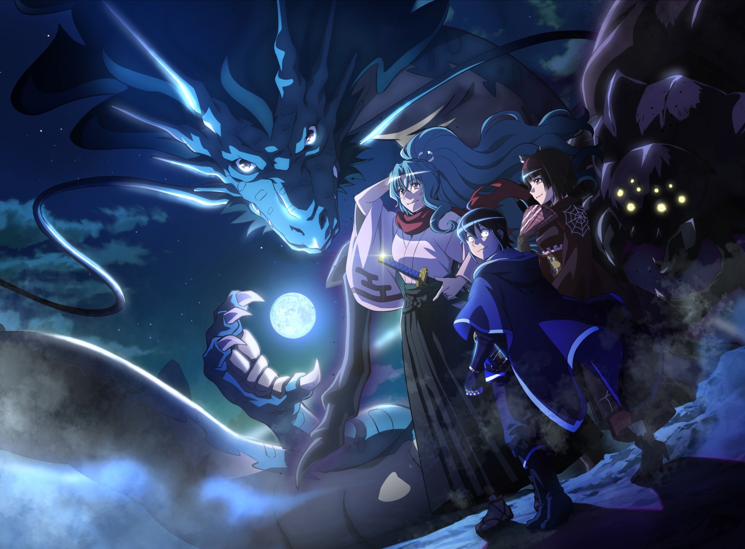 armor, japanese_clothes, mio_(tsuki_ga_michibiku_isekai_douchuu), misumi_makoto, monster, sword, tagme, tomoe_(tsuki_ga_michibiku_isekai_douchuu), tsuki_ga_michibiku_isekai_douchuu