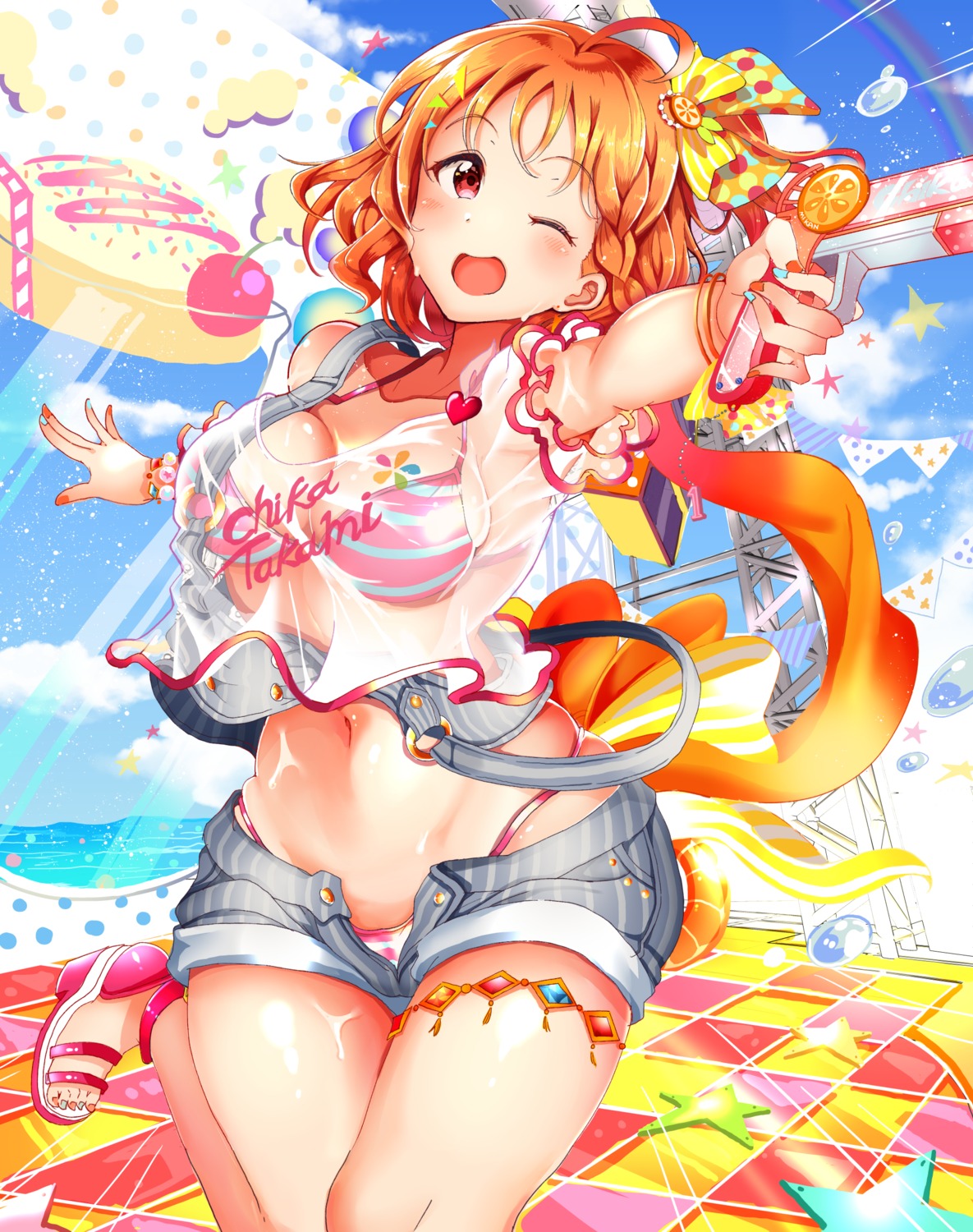 bikini, garter, gun, kuzu_kow, love_live!_(series), love_live!_sunshine!!, see_through, swimsuits