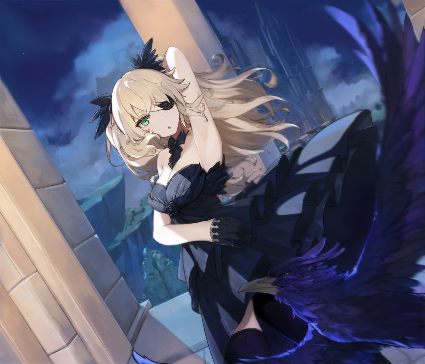 cleavage, dress, eyepatch, fischl, genshin_impact, no_bra, skirt_lift, thighhighs