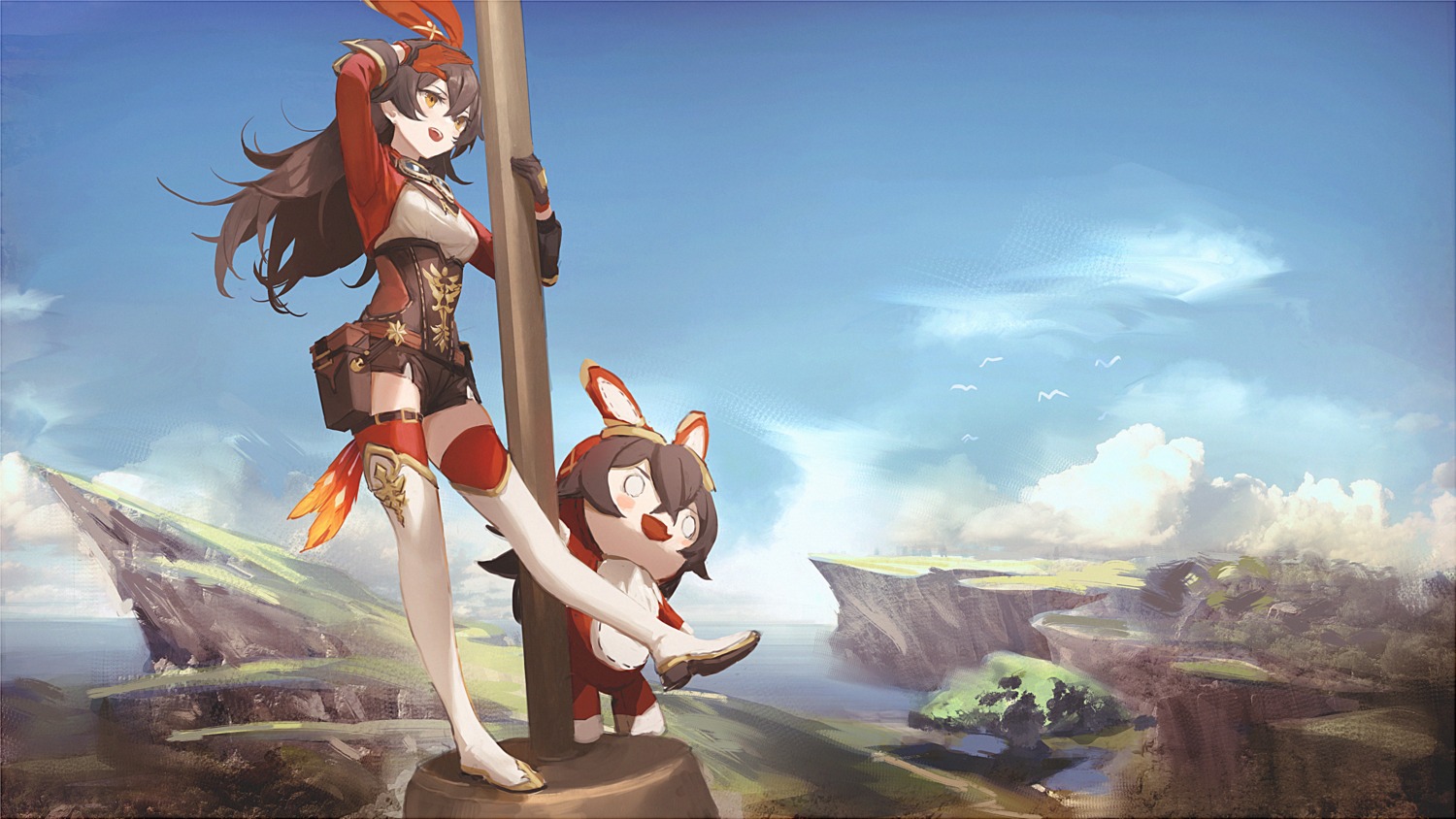 amber_(genshin_impact), chibi, genshin_impact, hara_shoutarou, thighhighs
