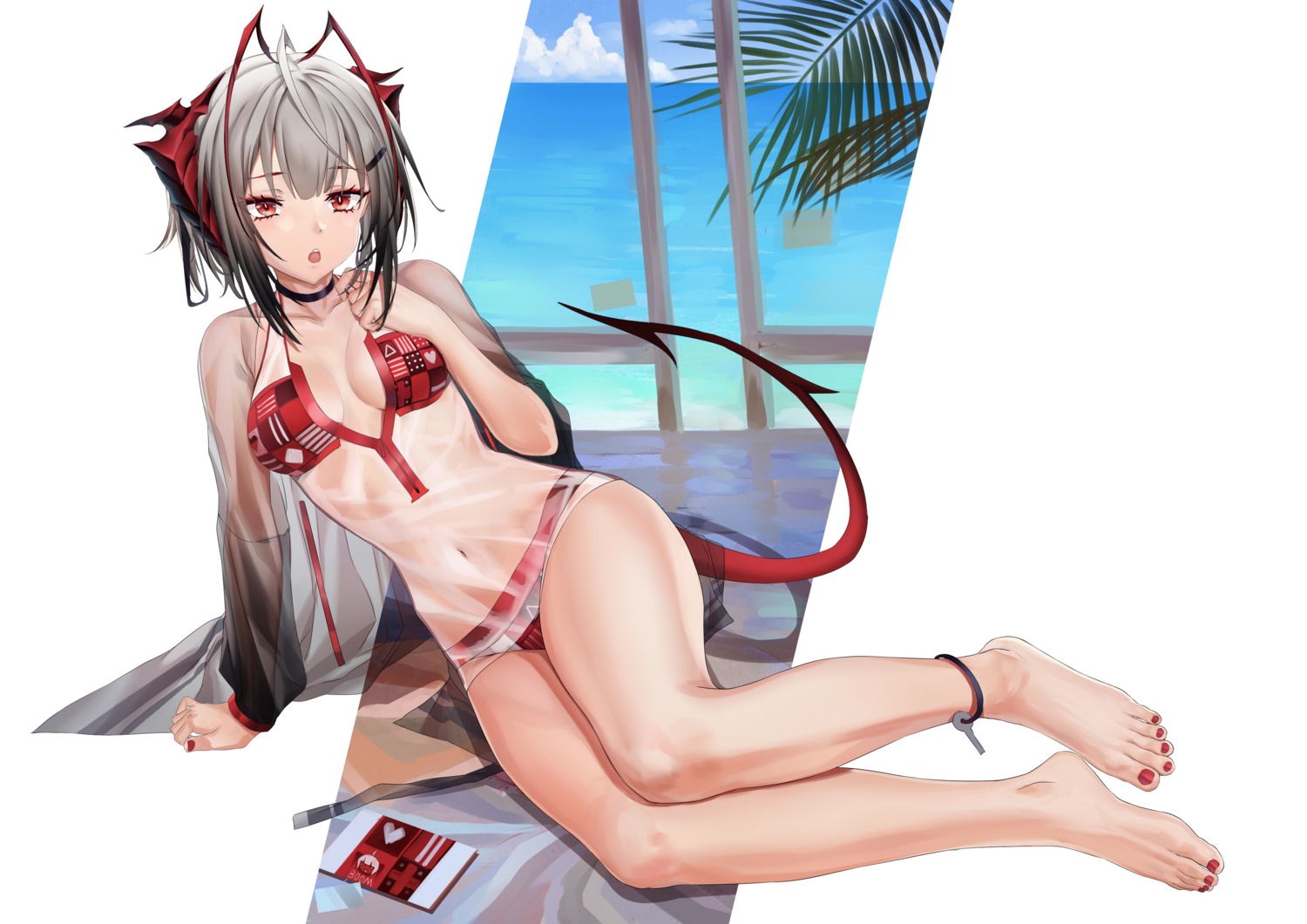 arknights, bikini, cleavage, horns, see_through, swimsuits, tail, w_(arknights)