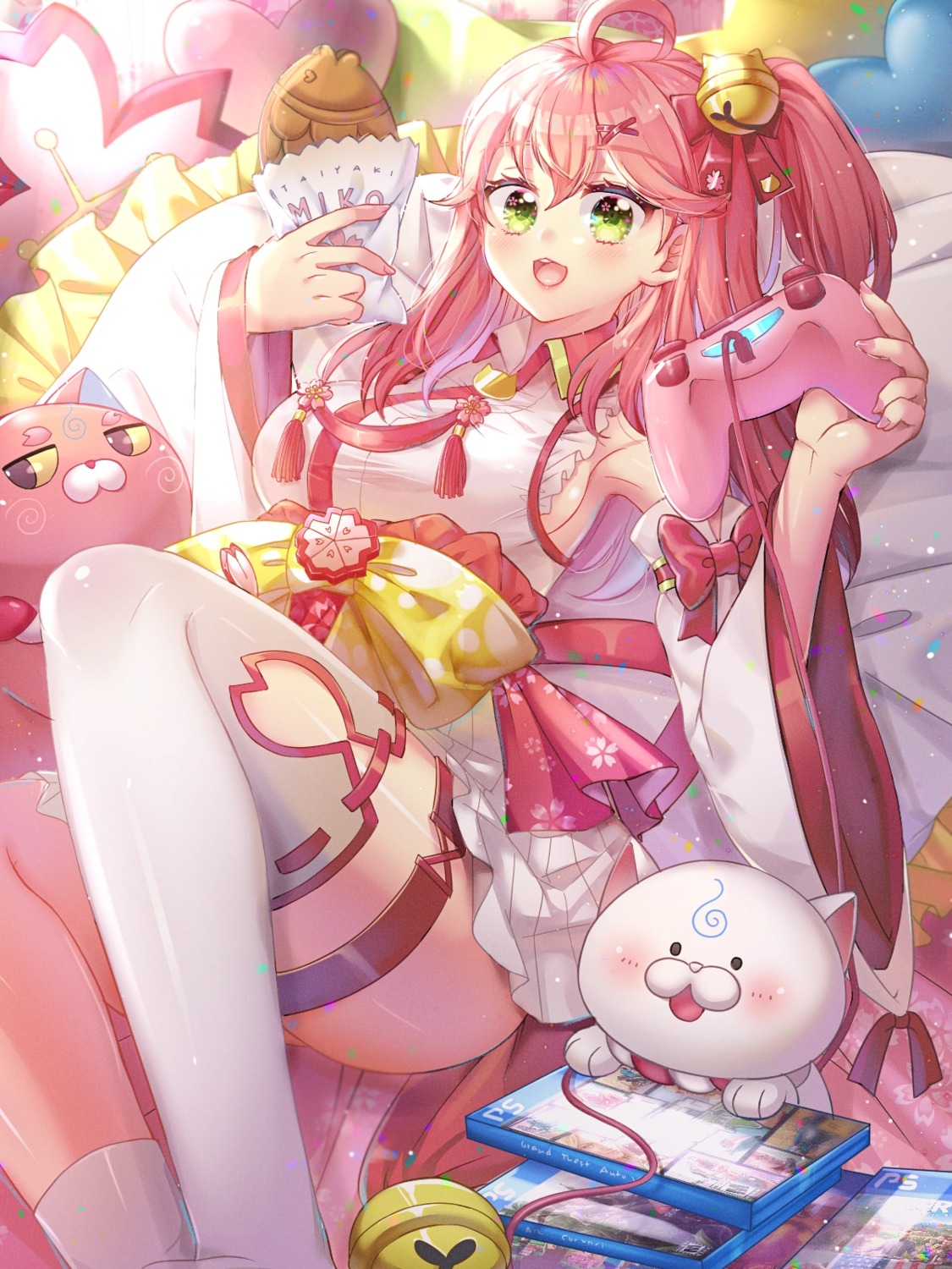 garter, hololive, japanese_clothes, kimgaby, neko, sakura_miko, skirt_lift, thighhighs