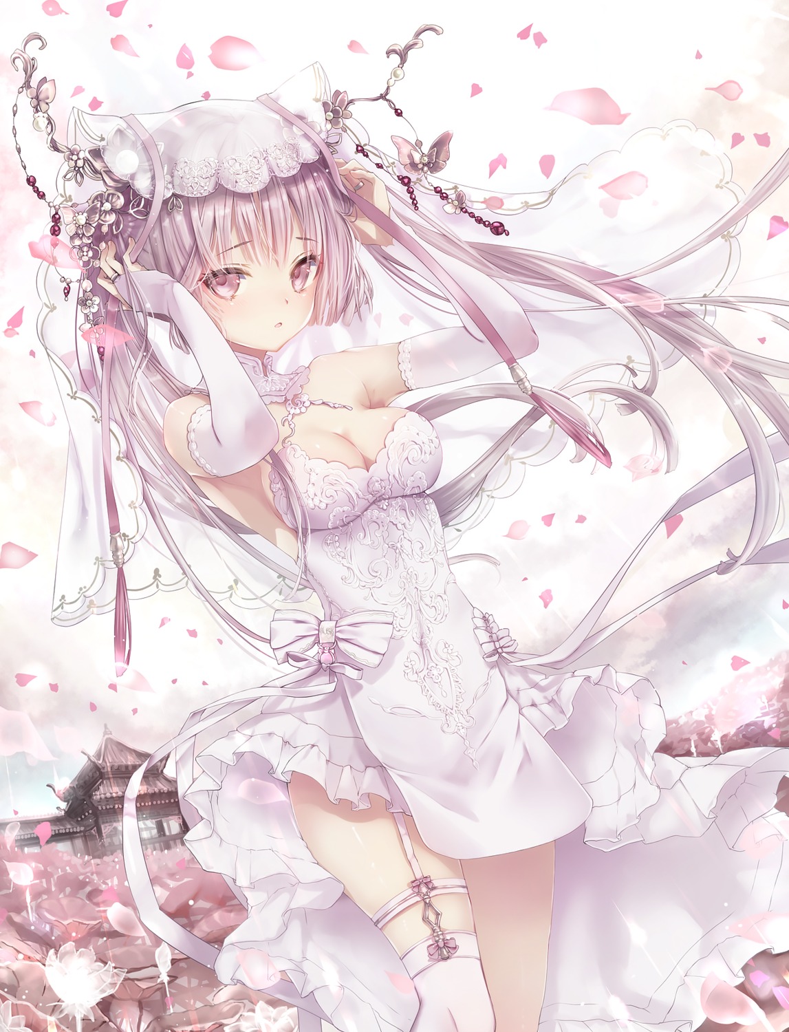 cleavage, dress, garter, hane_segawa, no_bra, skirt_lift, stockings, thighhighs