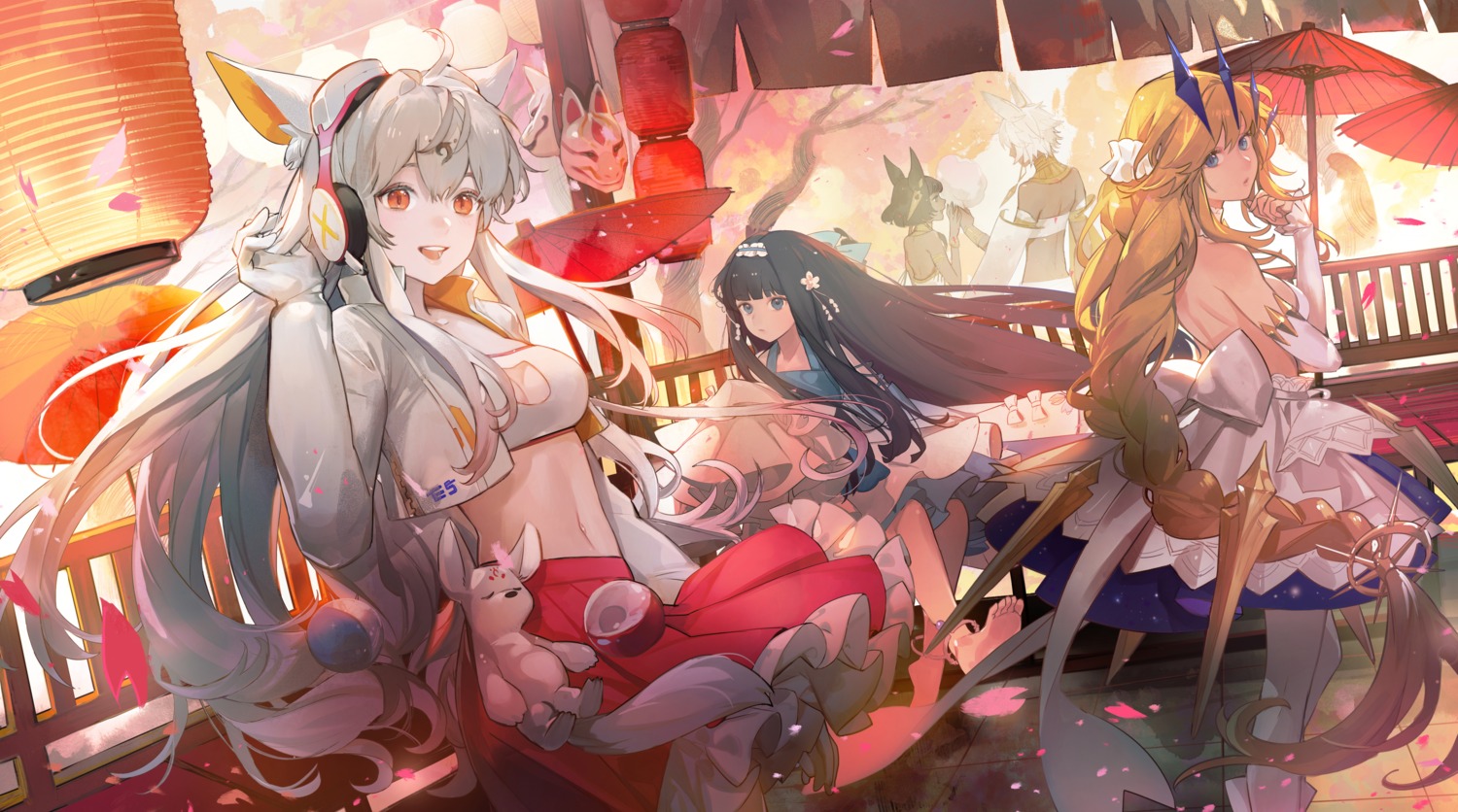 animal_ears, bra, dress, headphones, no_bra, noir_(ibaraki), open_shirt, umbrella