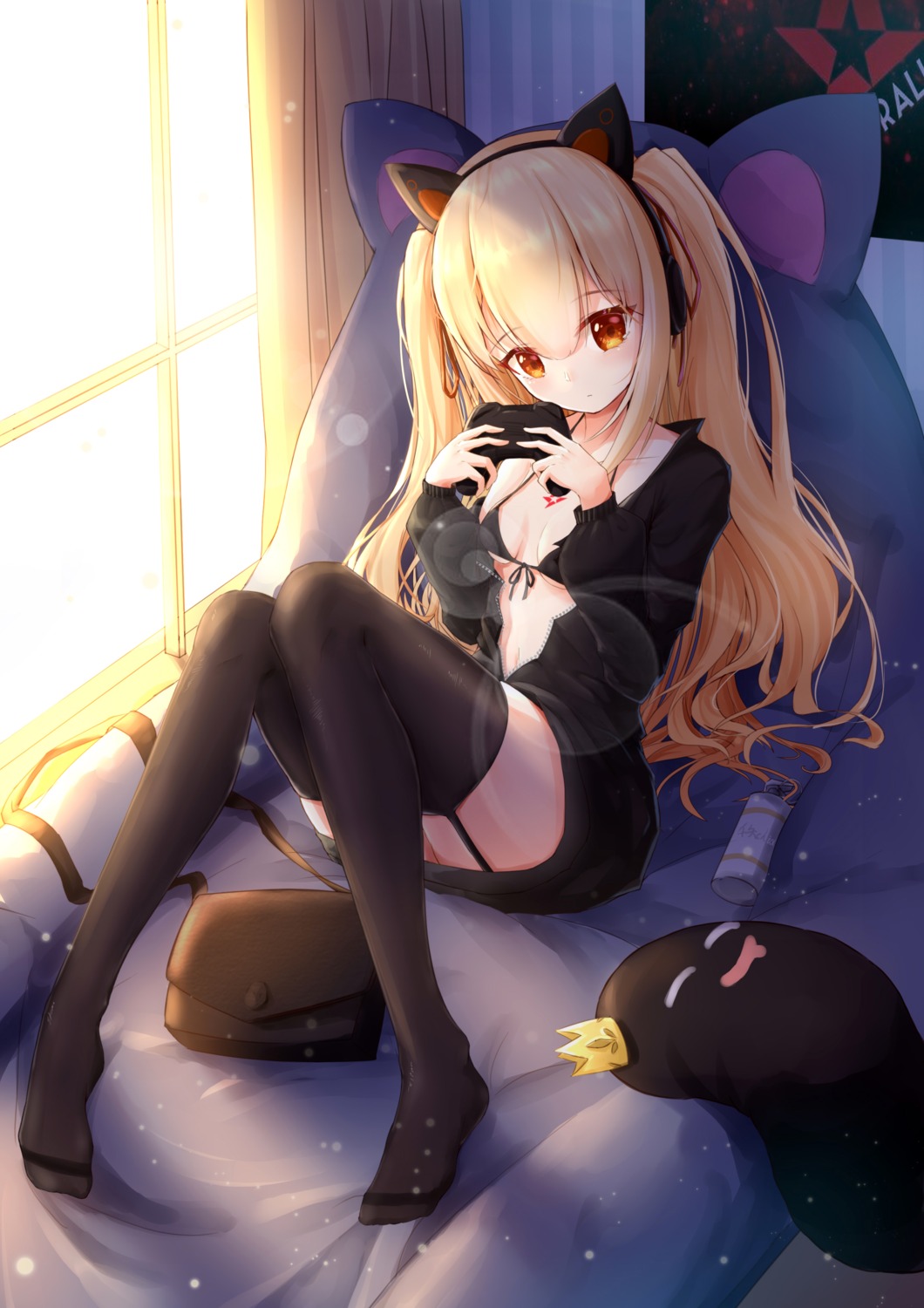 animal_ears, bikini_top, feet, headphones, nekomimi, open_shirt, qianze_chia, skirt_lift