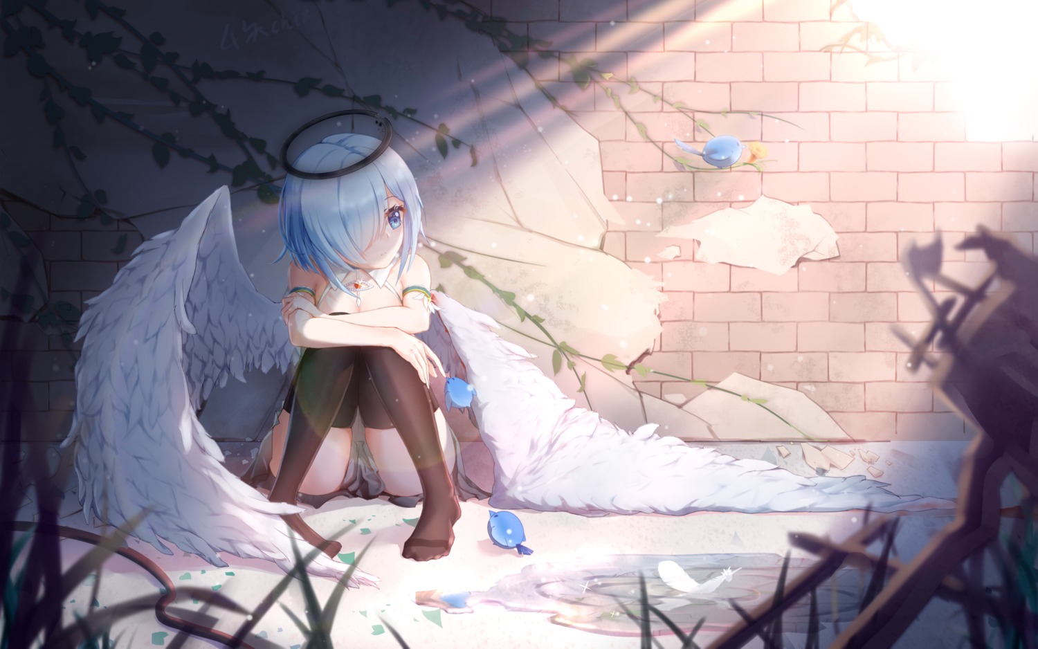 angel, feet, qianze_chia, skirt_lift, thighhighs, wings