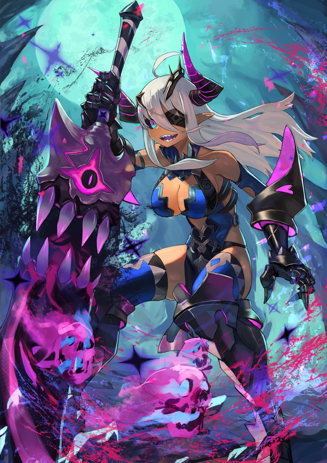 armor, bikini_armor, cleavage, eyepatch, horns, moutama, pointy_ears, sword