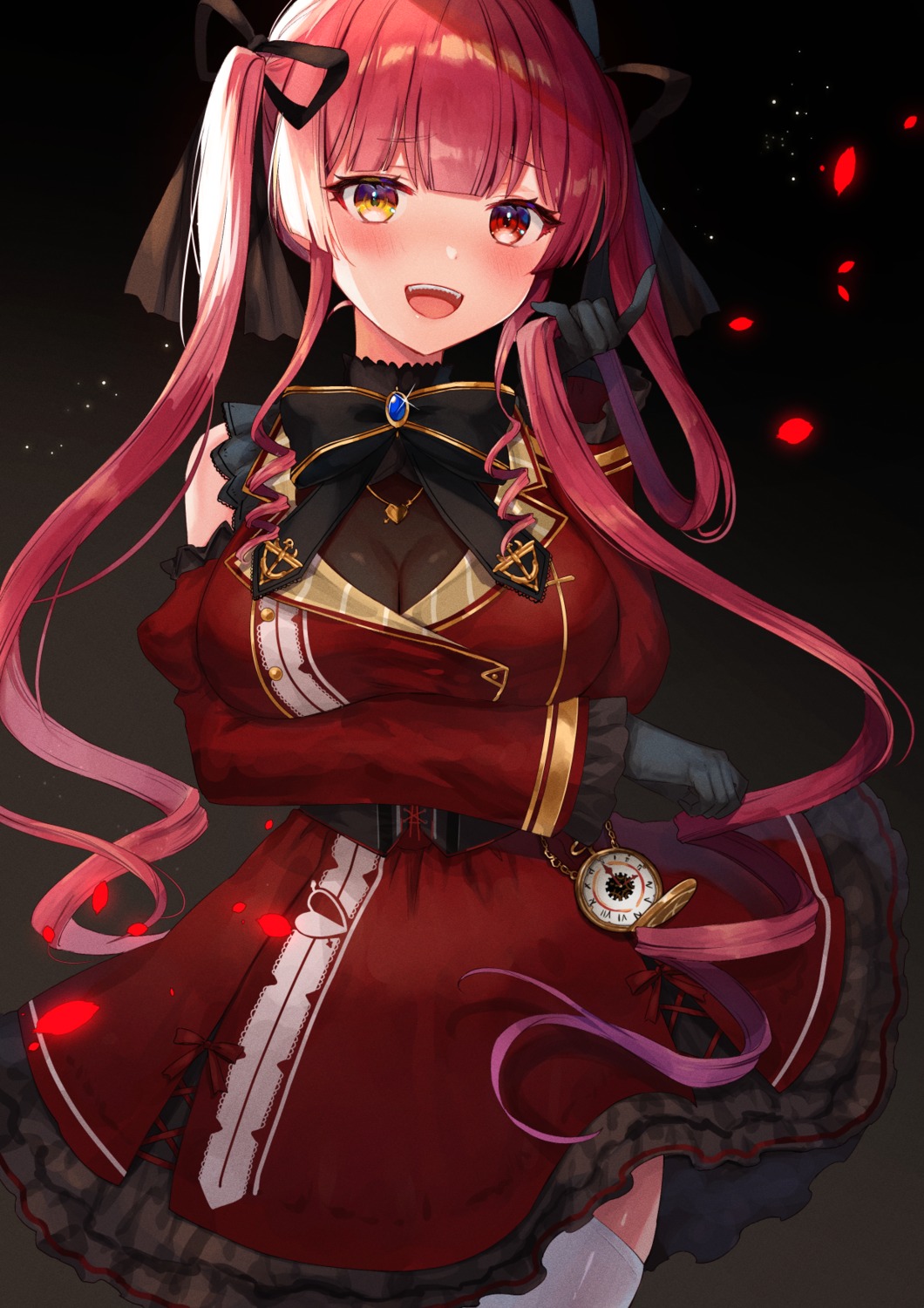 breast_hold, heterochromia, hololive, houshou_marine, kura_noi, thighhighs