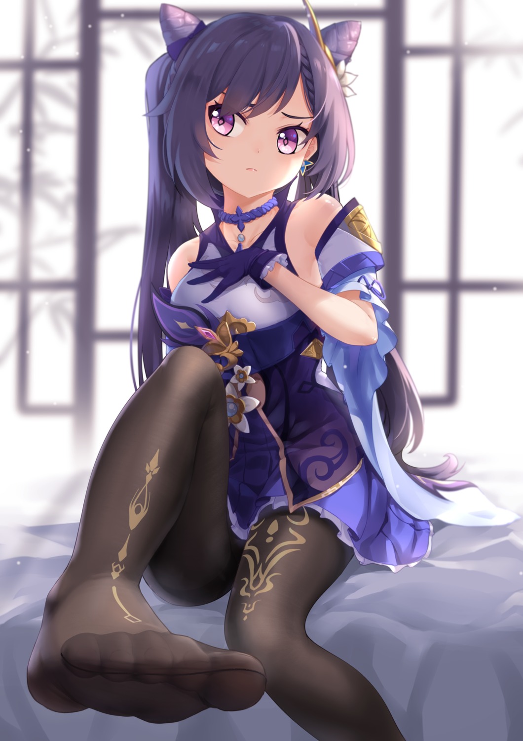 asian_clothes, feet, genshin_impact, keqing, pantyhose, skirt_lift, too-ye