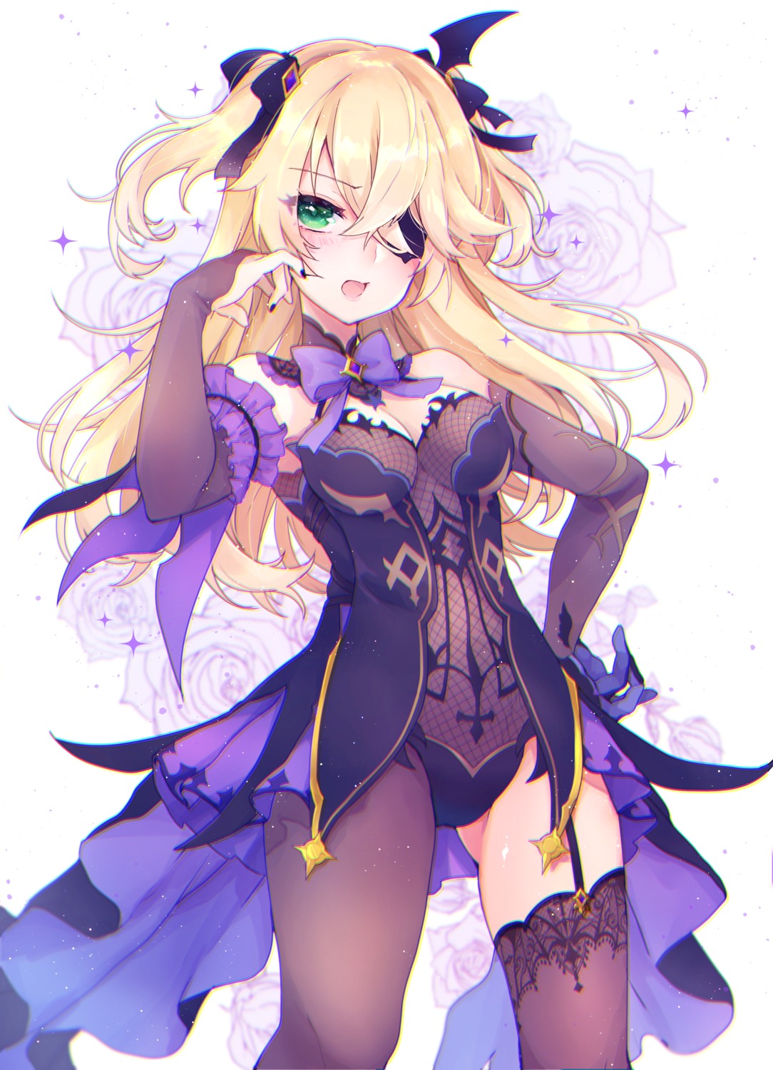 eyepatch, fischl, fishnets, genshin_impact, leotard, shichijou_natori, stockings, thighhighs
