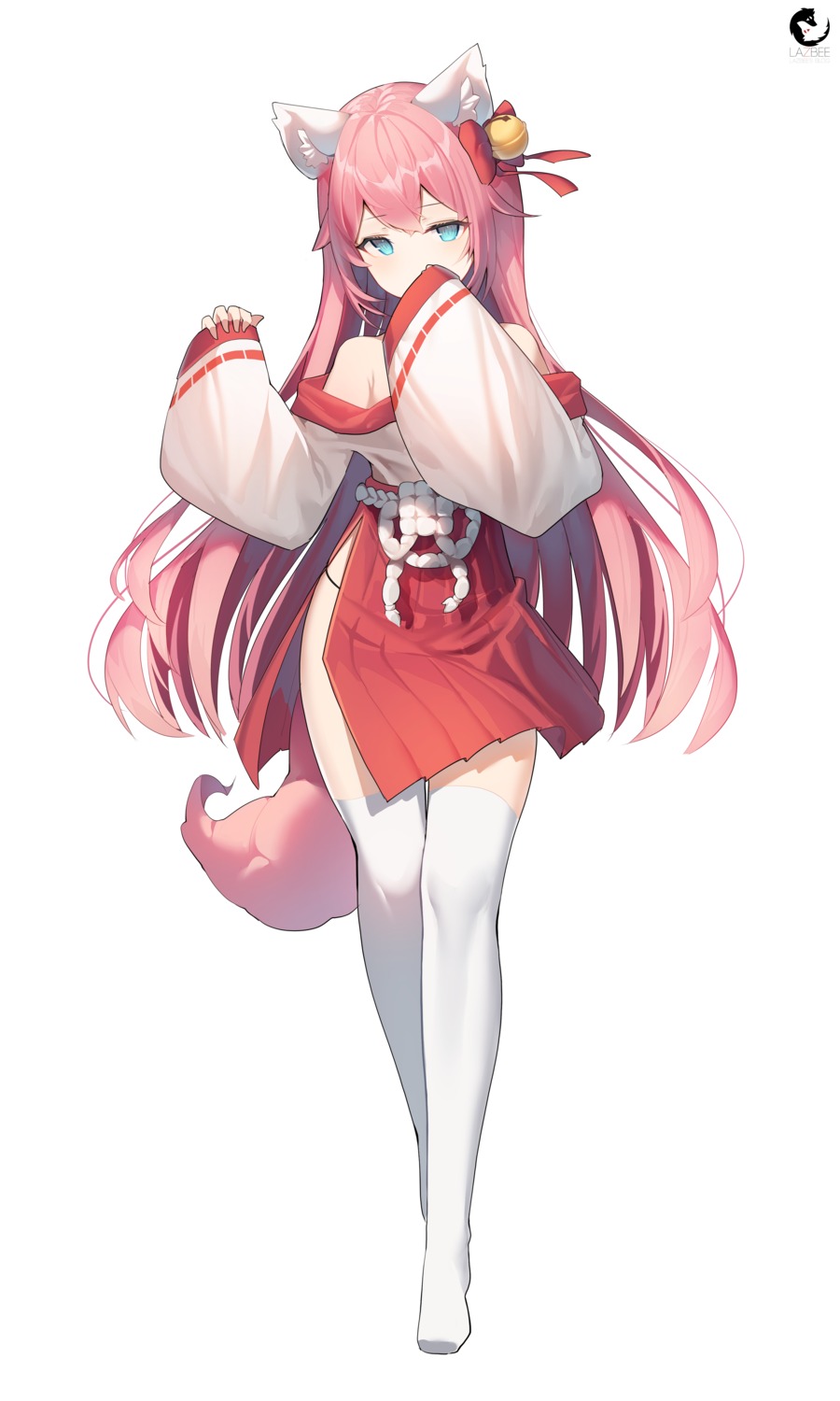 animal_ears, lazbee, miko, pantsu, tail, thighhighs