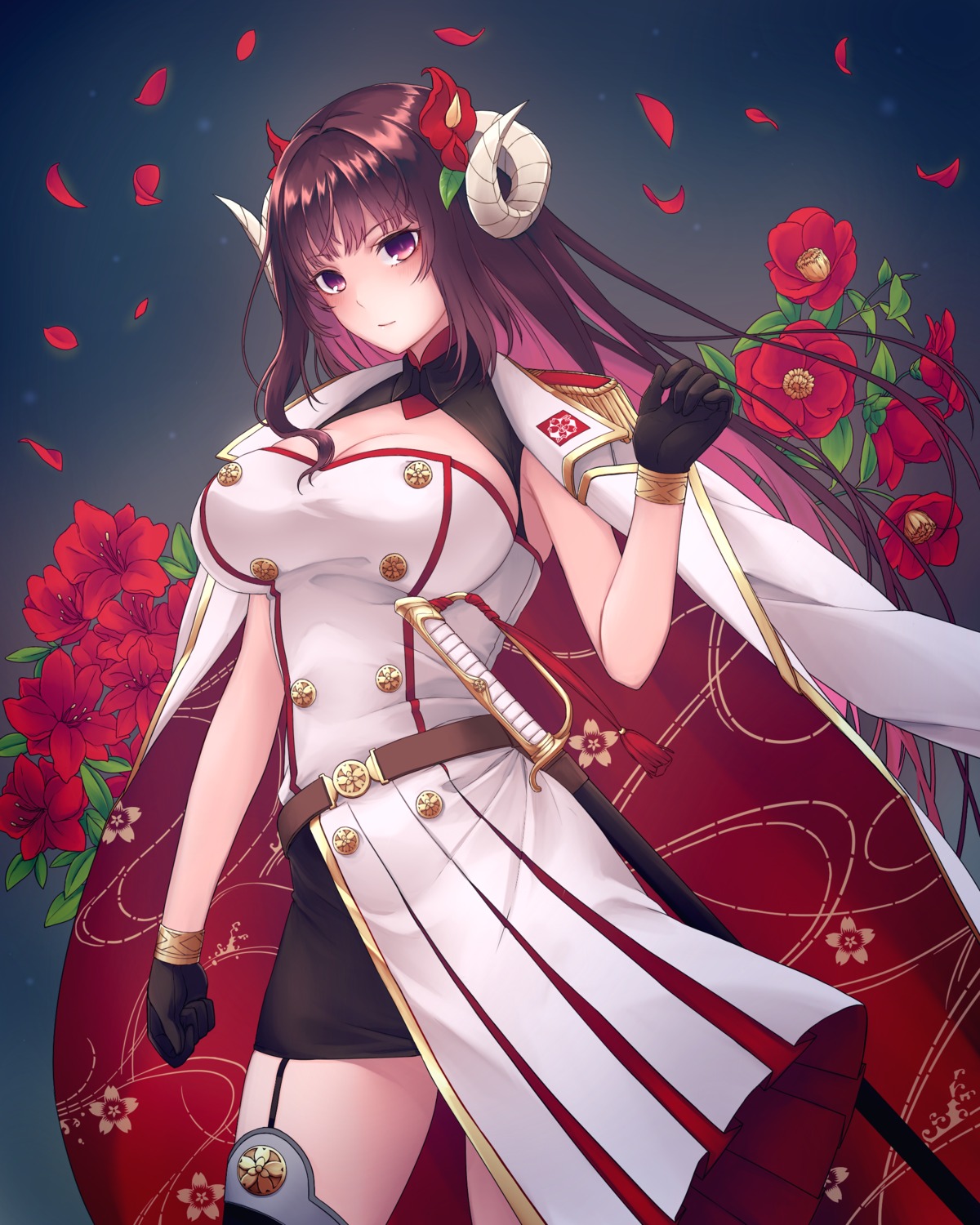 azur_lane, cleavage, horns, namec0, stockings, suruga_(azur_lane), sword, thighhighs