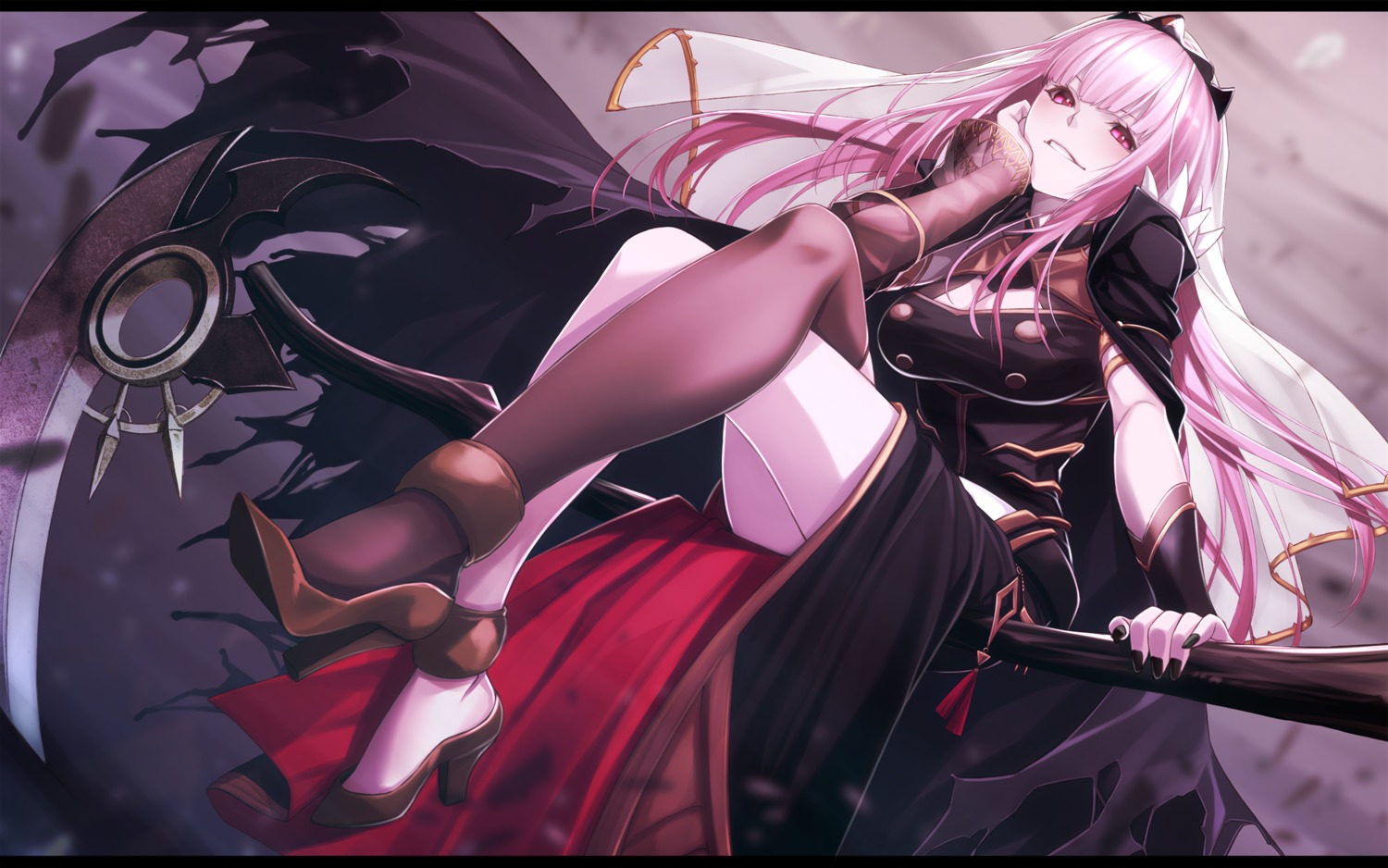 cleavage, fenrir_(fenlil0316), heels, hololive, hololive_english, mori_calliope, thighhighs, weapon