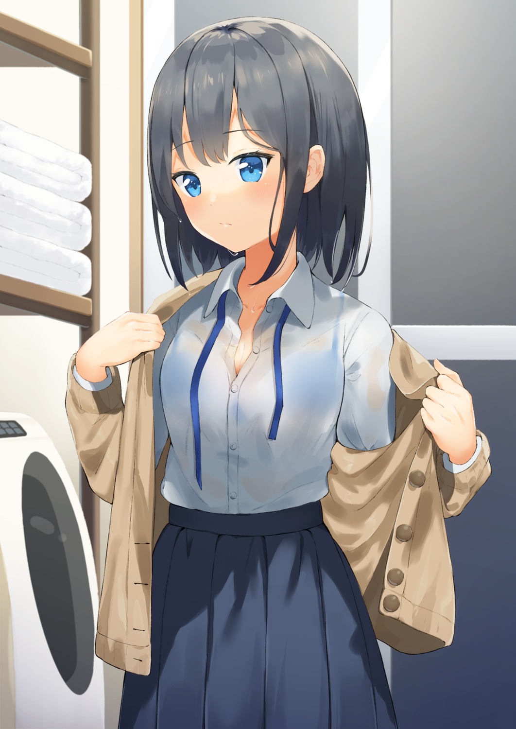 bra, mirai_(mirai76_), see_through, seifuku, sweater, undressing, wet_clothes