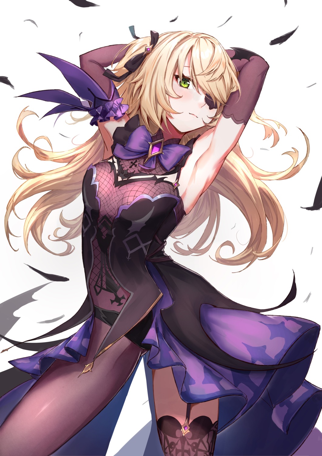 dejio, eyepatch, fischl, fishnets, genshin_impact, leotard, stockings, thighhighs