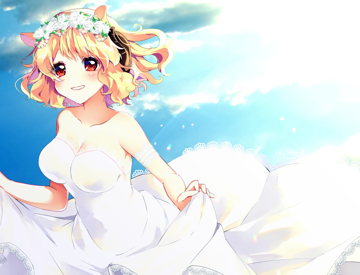 animal_ears, cleavage, dress, horns, no_bra, skirt_lift, towakarasu, wedding_dress