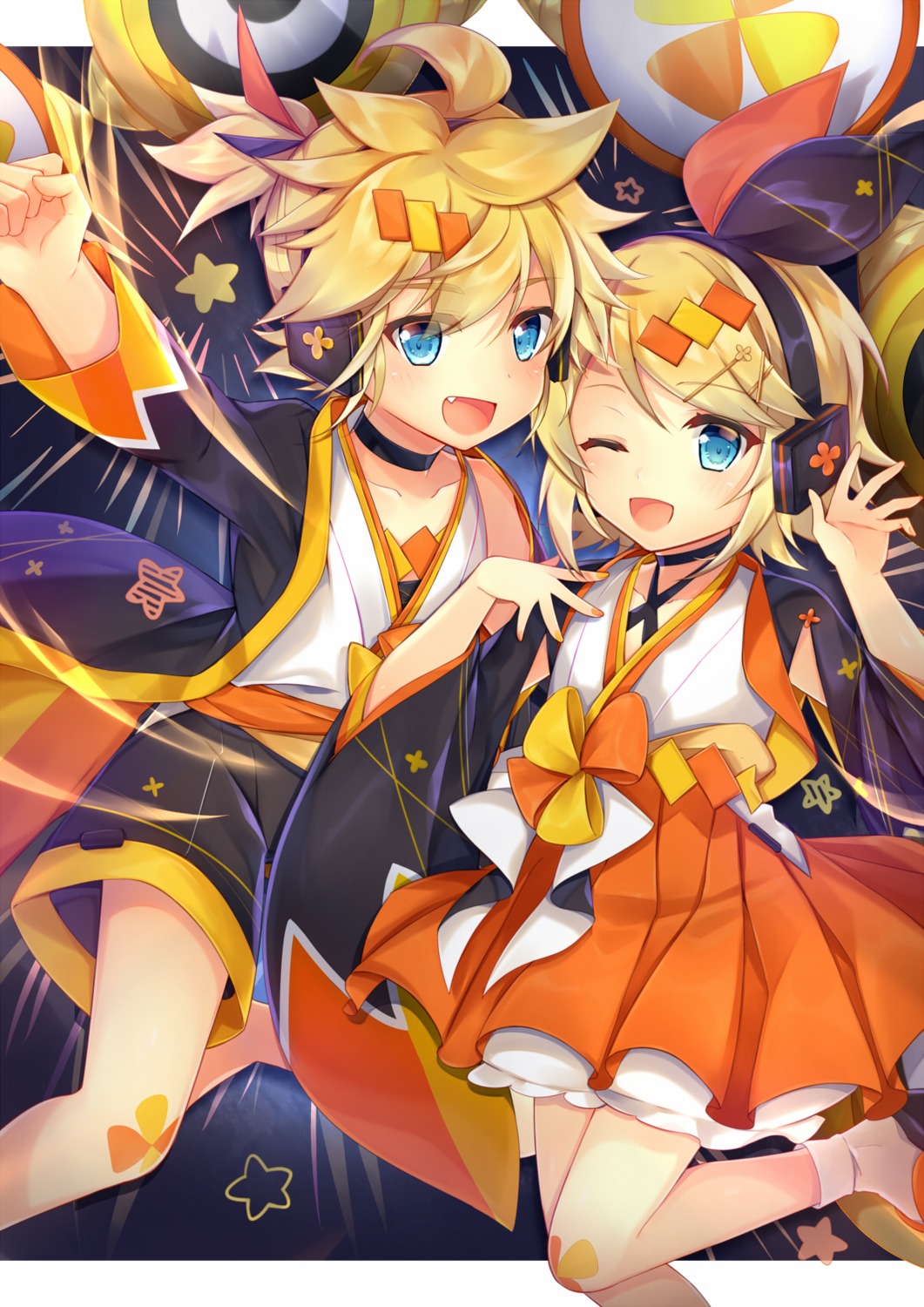 headphones, japanese_clothes, kagamine_len, kagamine_rin, leeannpippisum, vocaloid