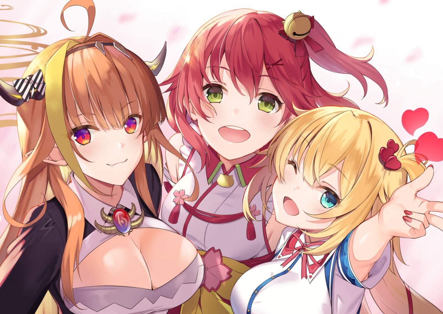 akai_haato, akanebi, cleavage, hololive, horns, japanese_clothes, kiryuu_coco, pointy_ears
